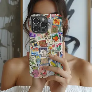Stamp Scrapbook Collage Phone Case, Global Stamps, Cute Travel Gift Premium Film 2 in 1 Phone Case - Durable, Shock Absorbing and Stylish Protection - Compatible with iPhone 16, 15, 14, 13, 12, 11, Plus, Pro, Pro Max, Perfect birthday gift for friends.