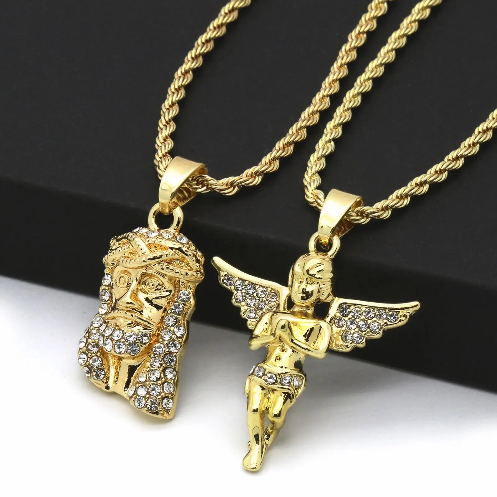 MaxBling81 2-Piece Fashion Matching Necklace Set - 14k Gold & Silver Plated Cubic-Zirconia Jesus & Angel Wing Pendants with 3mm 24" Rope Chain, Angel Wing Necklace