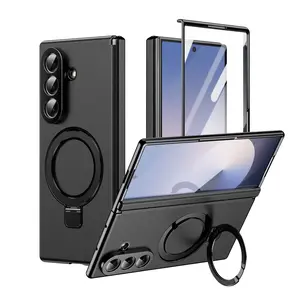 Light luxury electroplated phone case suitable for Samsung Galaxy Z Fold 7/6/5/4/3 with tempered glass film zfold 7 with bracket zfold 6 supporting wireless charging zfold 5 shell film integrated zfold 4 with hinge protection cover zfold 3 anti slip