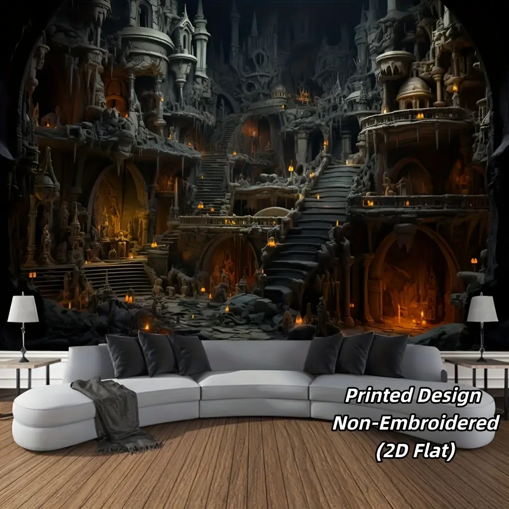 2D Flat - 2D Flat - A 2D Flat Tapestry Featuring a Medieval Landscape with a Rustic Vampire Castle, Perfect for Decorating Walls During for Halloween Parties And Making an Excellent Gift for The Occasion