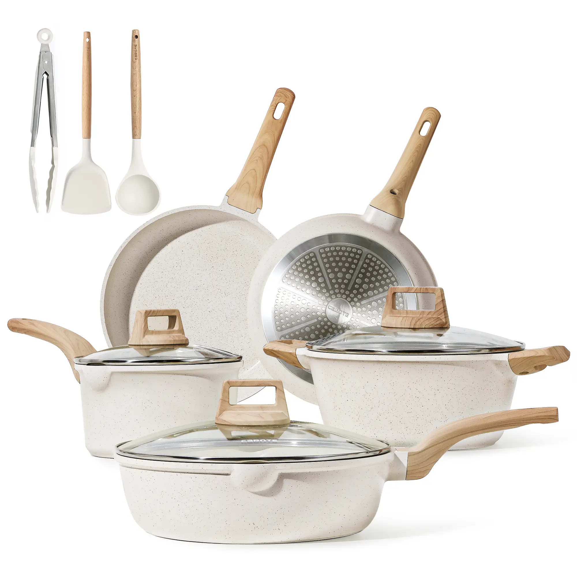 [Official] CLEARANCE SALE! CAROTE Nonstick Pots and Pans Cookware Sets , 11 Pcs Frying Pans & Saucepans(PFOS, PFOA Free), Cream white Steel Induction