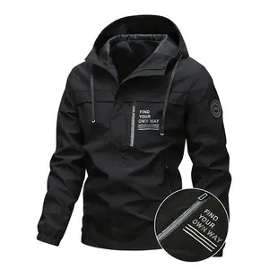 Men's Hooded Jacket - Stylish Letter Pattern, Zip-Up Outdoor Coat with Pockets, Machine Washable