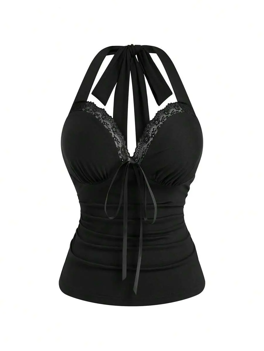 HANNA x Sweetra Black Summer Elegant Lace Patchwork Spaghetti Strap Camisole, Deep V-Neck Slim Bowknot Crop Top,Formal Evening Night Out Club Backless For Women