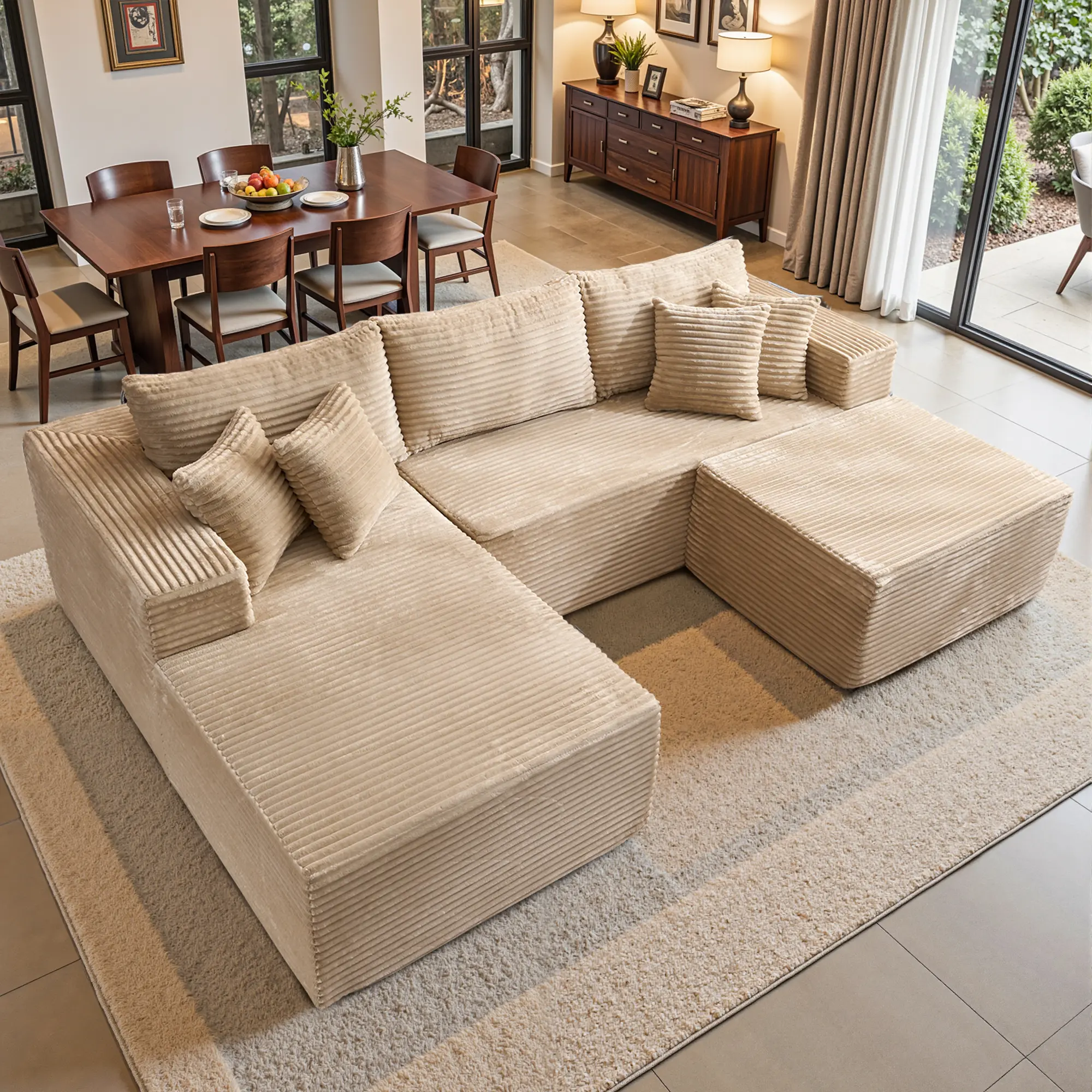 106" Beige U Shaped with Ottoman, Left Chaise