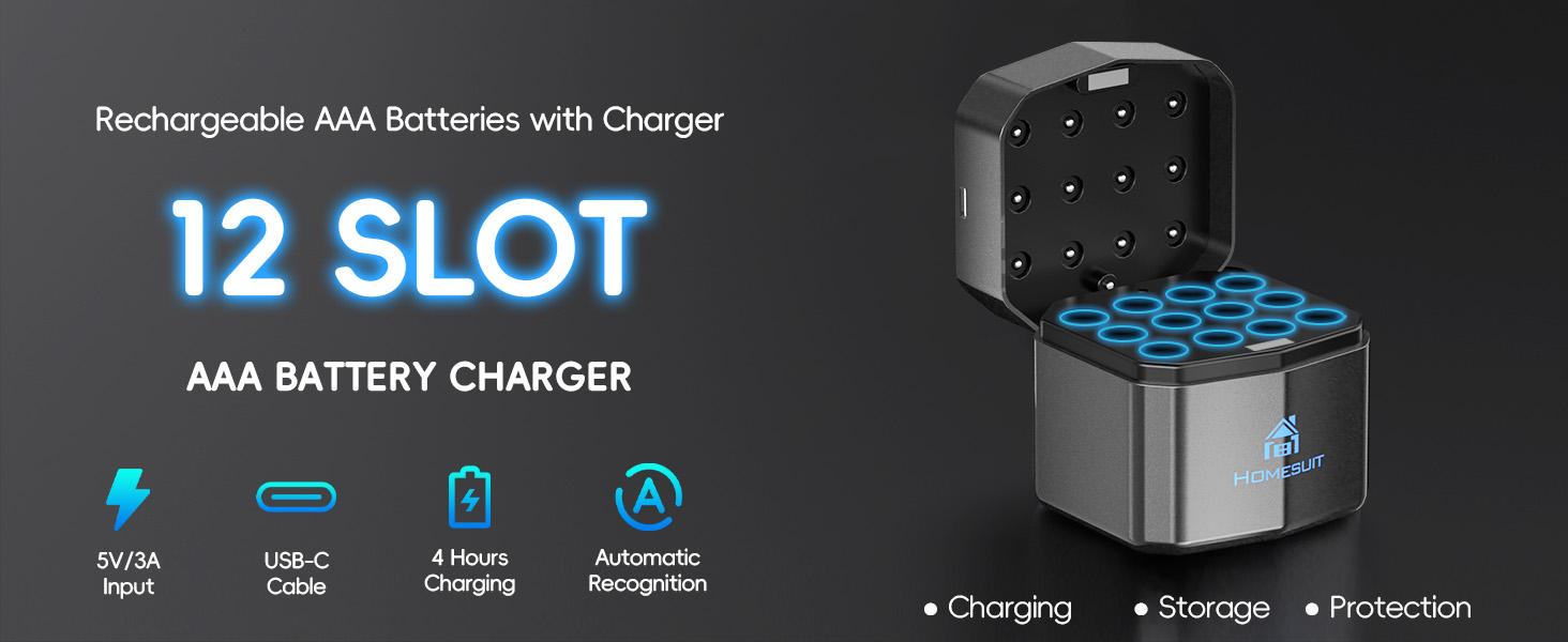 Homesuit Rechargeable AAA Batteries Lithium with Charger 12 Bay, 1300mwh Long-Lasting 1.5V Output Triple AAA Batteries Rechargeable 12 Pack up to 1600 Cycles