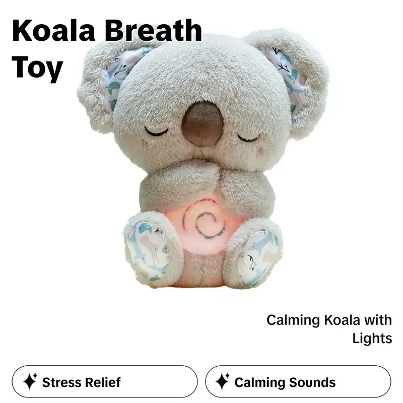 Stress Relief Koala Breathing Plush Toy, Calming Stuffed Animal with Music Lights & Rhythmic Breathing Action, Sleep Aid Doll, Musical Light Up