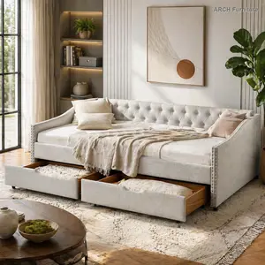 Mid-Century Buttons Tufted Queen Size Daybed Sofa with Drawers, Button-Backed Design, Waved Arms with Copper Nails, Beige (84.5"x63.5"x26.5", 80x60in) Sectional Chaise Lounge Couch, Buttons Tufted Couch