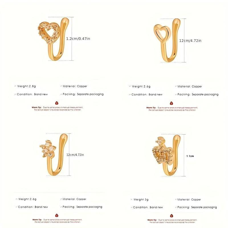 ARPURRAINA 9pcs Fashion Sparkle Fake Piercing Nose Rings Accessories - Copper & Stainless Steel Non-Piercing Clips (U-Shape, Star, Love, Crown, Cross) with Zirconia Rhinestones, Gold-Tone Punk Body Jewelry, Fashion Nose Rings,sohochic