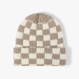 Checkered Chunky Knit Beanie Khaki