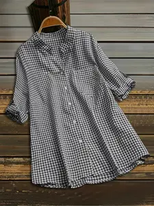 Women's New Plaid Long Sleeve V-Neck Shirt Blouse Top, Loose-Fitting Single Pocket Design, Spring & Fall Fashion, Casual Wear
