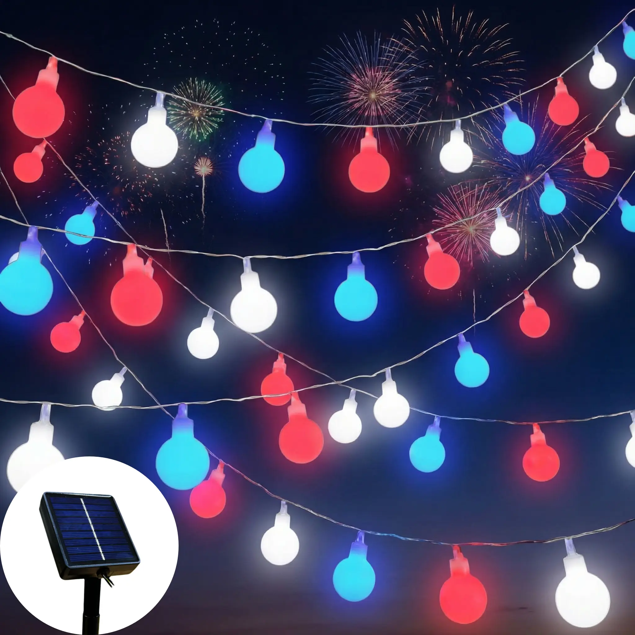 80-LED Solar-Powered Frosted Bulb String Lights (32.8ft) - Red, Blue, White, Waterproof Outdoor Festive Decor for Easter, Independence Day - Ideal for Walkways, Patios, Parties - Solar Outdoor Lights, LED Ambient Lighting