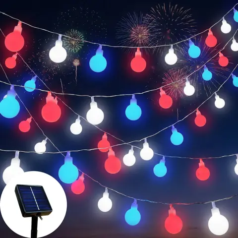 80-LED Solar-Powered Frosted String Lights (32.8ft) - 3-Color Mood Lighting, Waterproof Colorful Festival Decorative Lights, Moderate Brightness for Patios, Camping, Independence Day - Home & Festive Supplies