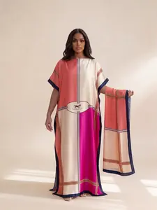 Elegant Plaid Pattern Robe Set, Hooded Shawl Dress + Long Headscarf Hairband, Women's Swimwear Coverups Beach Sun Protection Satin Scarf, Beach Outdoor Wear Swimsuit Coverups