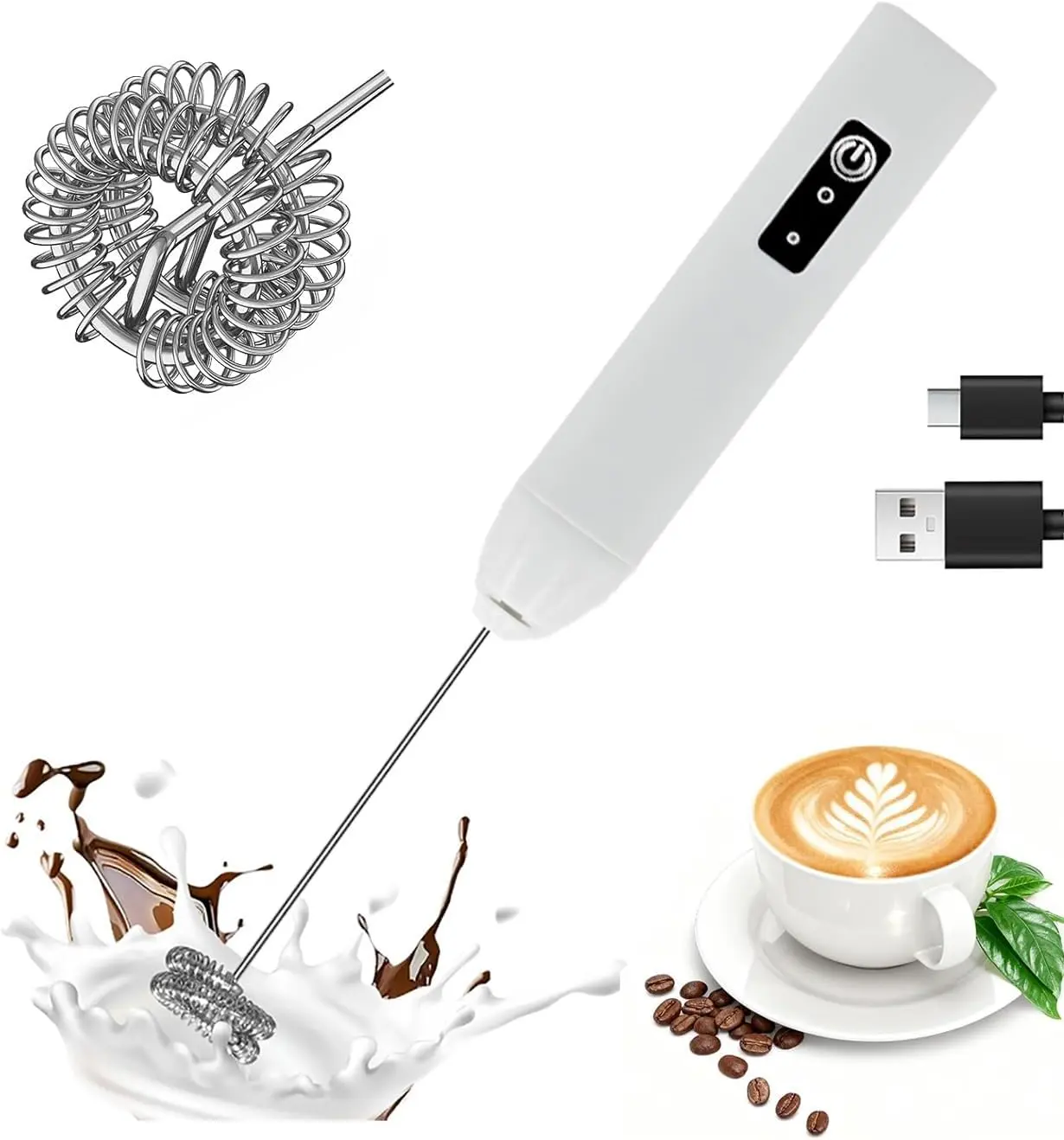 Handheld Milk Frother, Rechargeable Electric Foam Maker with Dual Spring Whisk & 3 Speeds, Compact USB-C