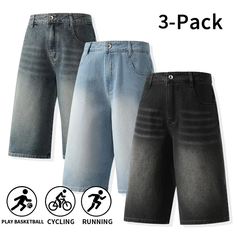 Men's 3-Pack Ombre Washed Wide-Leg Denim Bermuda Shorts - Mid-Rise, Button Fly, Knee-Length Cropped Jeans, Breathable Menswear for Outdoor Sports, Everyday Streetwear - Stylish Sporty Chic Set