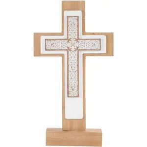 TRENDIN Wooden Standing Cross Decor for Table Desk, Rustic Stand Up Wood Cross Statue for Shelf, Decorative Catholic Christian Religious Home Decoration for Bedroom, Living Room