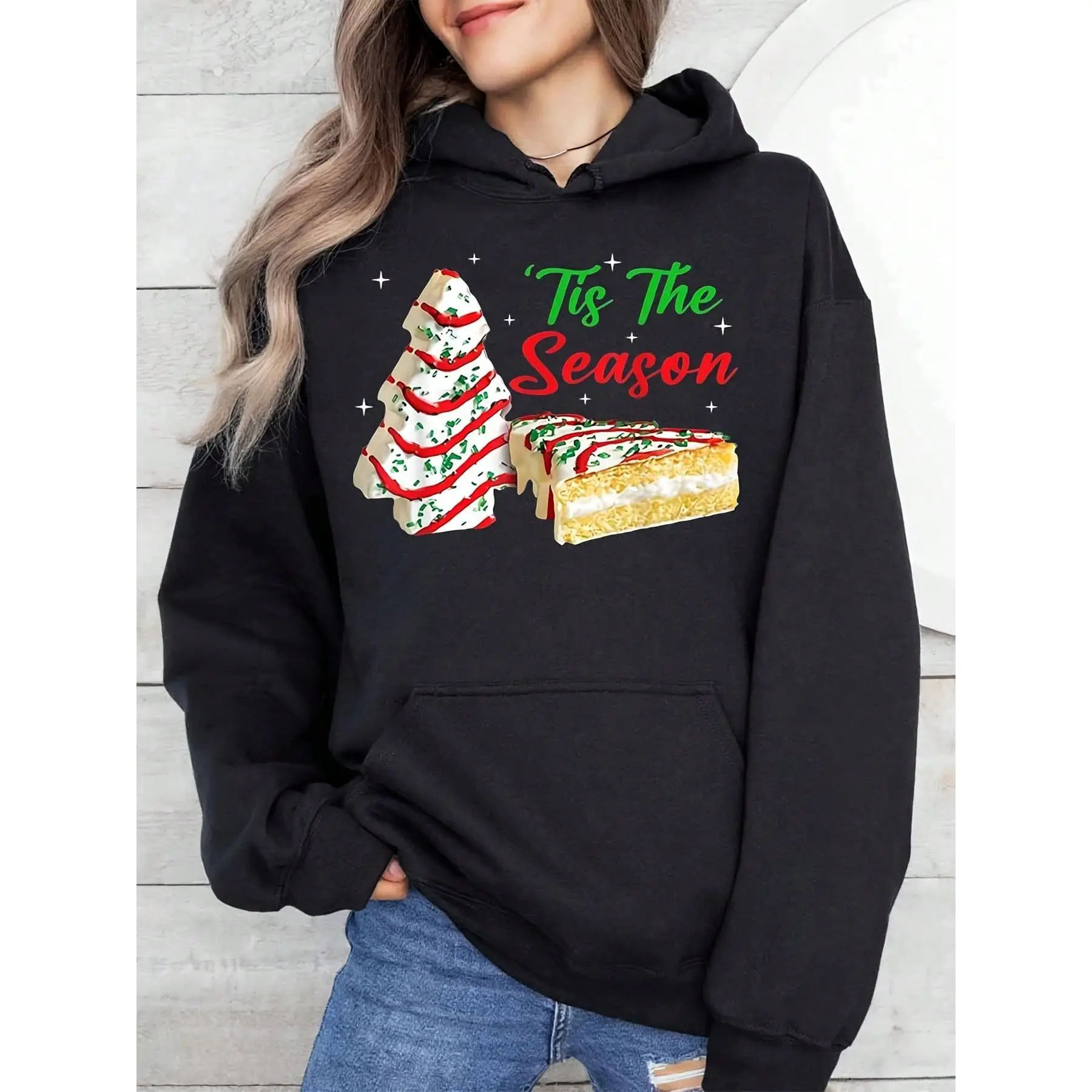 Festive Print Christmas Hoodies - Black Casual Hoodies, Medium Elastic Machine Washable Holiday Apparel For Christmas Parties & Family Gatherings, All Season Holiday Hoodies