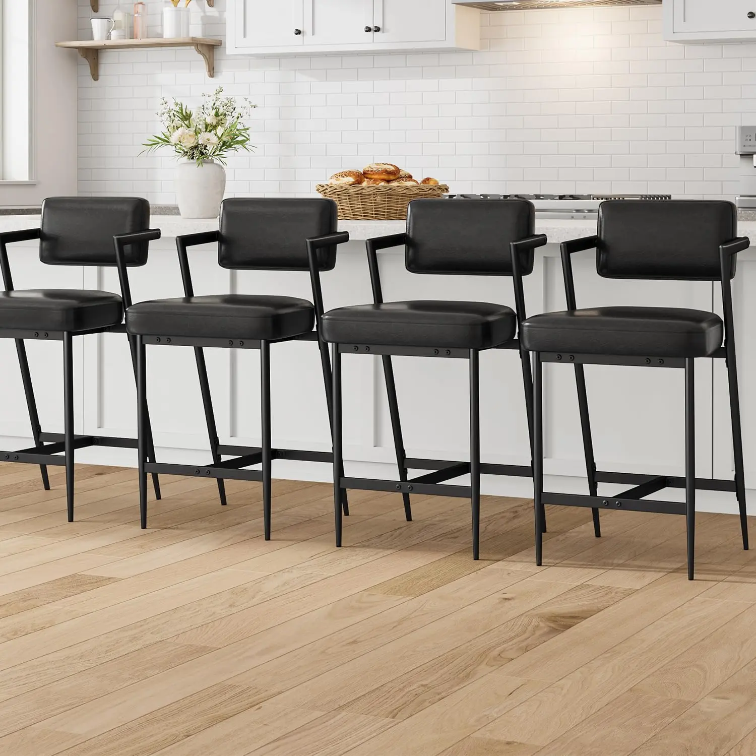YJ-Garvee Set of 4 Counter Height Bar Stools with Armrests,4 pcs chairs, Backrest, Footrest, Thick Cushion, and Reinforced Metal Legs for Kitchen Island, Counter Bar in Rustic Black Finish