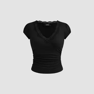Cider [6 colors, size 2-10] V-neck Solid Lace Trim Ruched Short Sleeve Tee