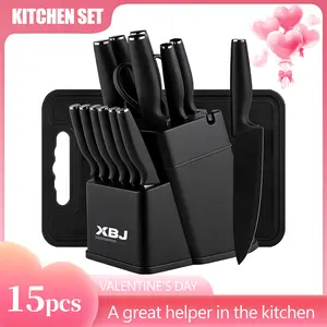 15-Piece Kitchen Knife Block Set: Including Sharpener, Heavy-Duty Poultry Shears, 6 Serrated Steak Knives. Made of German-Style Stainless Steel, Sharp & Anti-Slip.​ Kitchenware Container Box Home Chopping