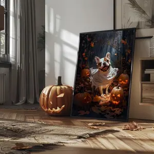 Cute Halloween Frenchie Dog Poster, Retro Spooky Home Decoration, Dog Lover Gift