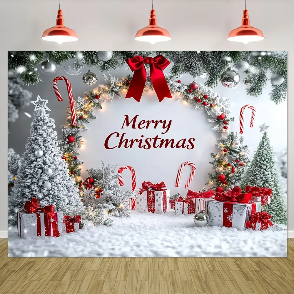 1pc Durable Polyester Christmas Decoration Backdrop Cloth - Candy Cane, Silvery Tinsel Design White Snowy Scene Banner, No-Electricity-Required for Home, Party
