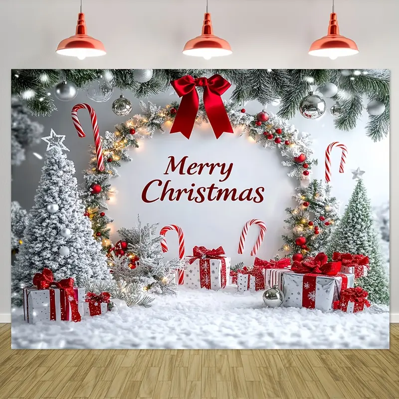 1pc Durable Polyester Christmas Decoration Backdrop Cloth - Candy Cane, Silvery Tinsel Design White Snowy Scene Banner, No-Electricity-Required for Home, Party