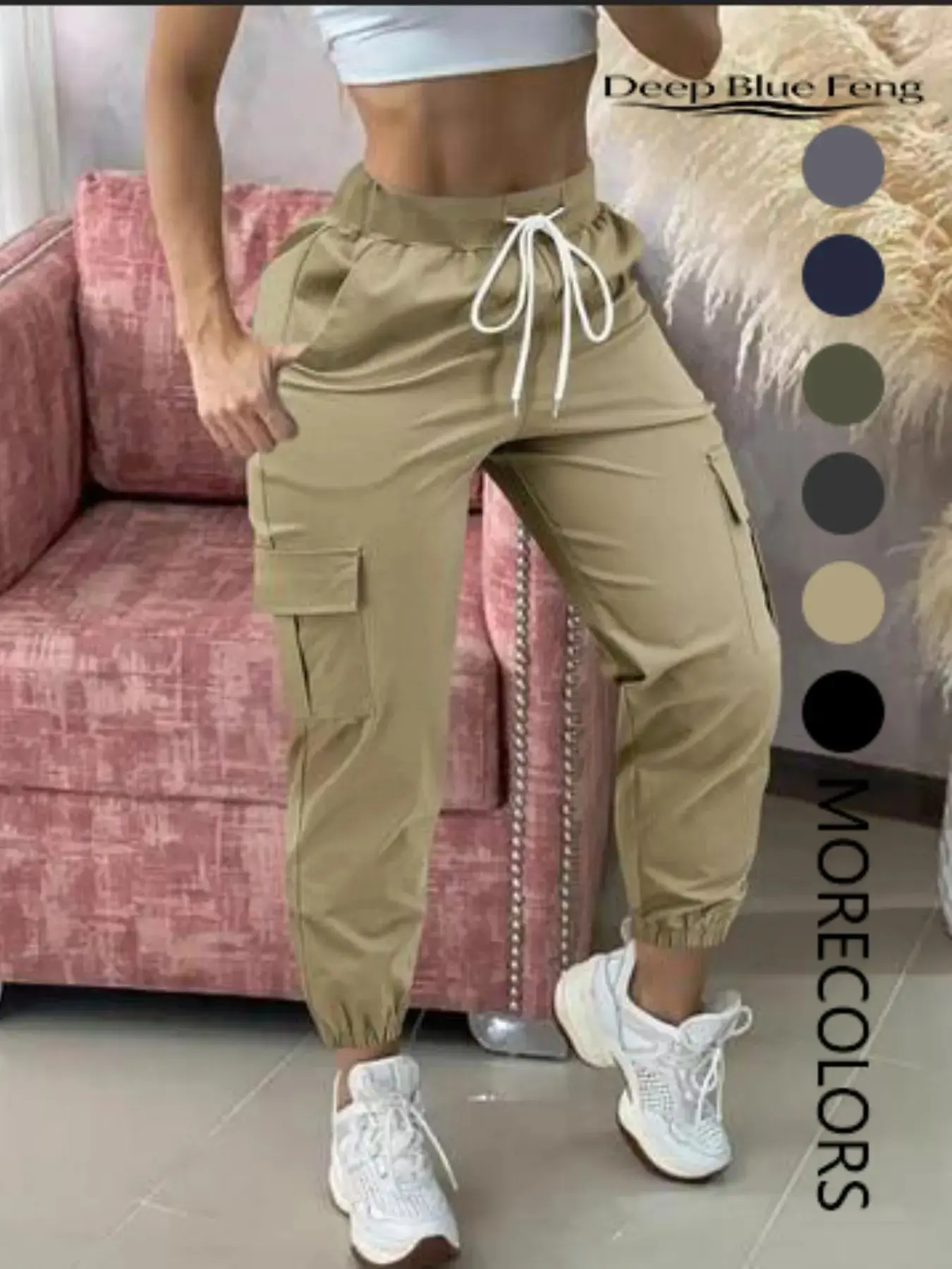 Women's Plain Drawstring Waist Cargo Pants, Casual Pocket Trousers for Daily Wear, Ladies Bottoms for All Seasons, Casual Fit Pants