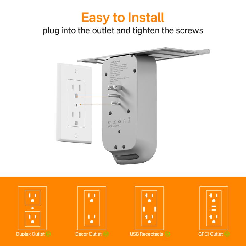 Tessan Wall Outlet Extender with Shelf Night Light Multi Plug Outlets USB Charger 6 AC 2 USB Ports 1 USB C for Home Office