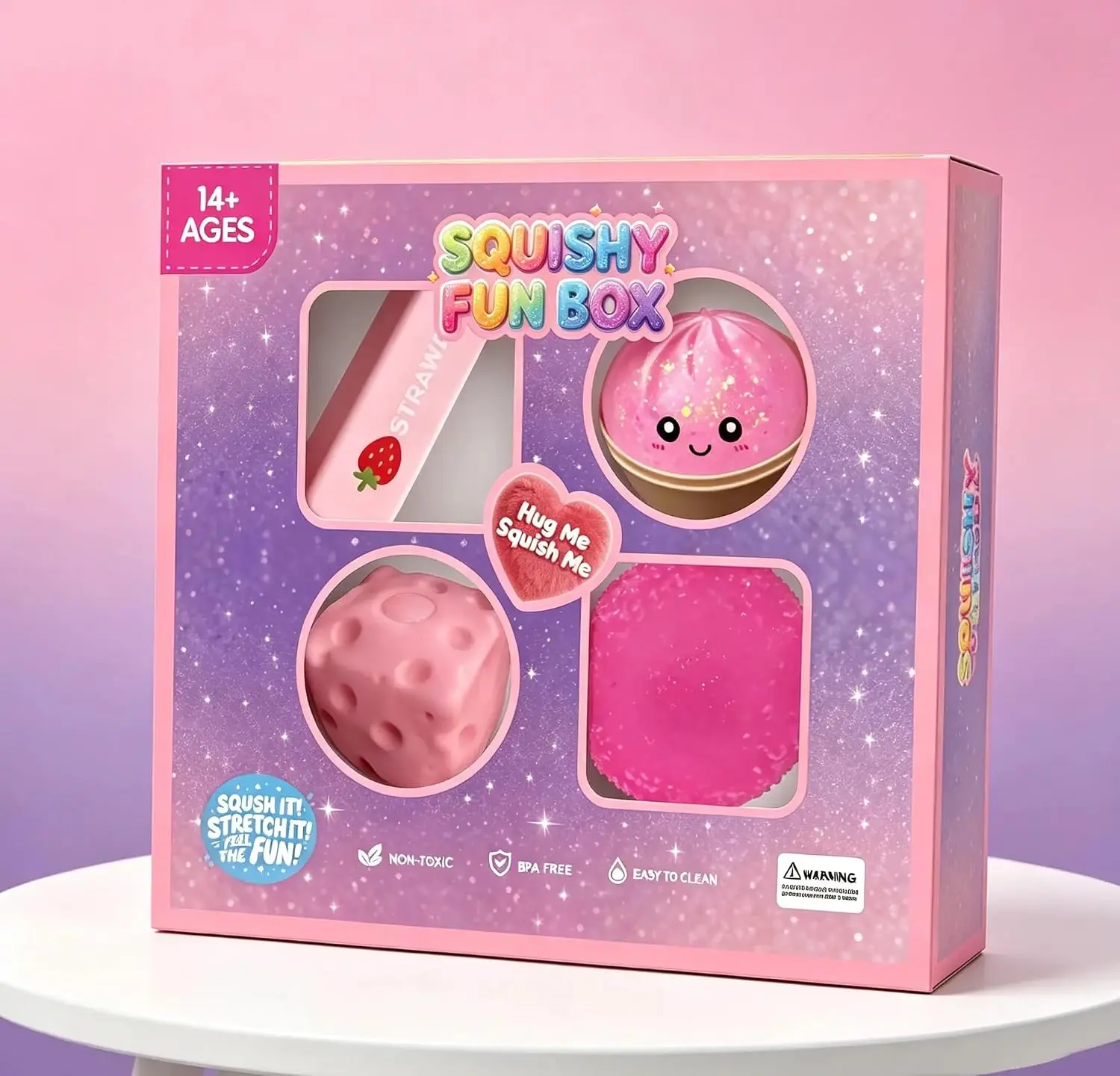 Squishy Fun Box Pink Kawaii Slow Rising Squishy Toys Set, 4 Pack Cute Glitter Squeeze Stress Relief Fidget Toys, Non-Toxic BPA Free Stretchable Sensory Squishies Gift Box for Teens Girls Age 8+