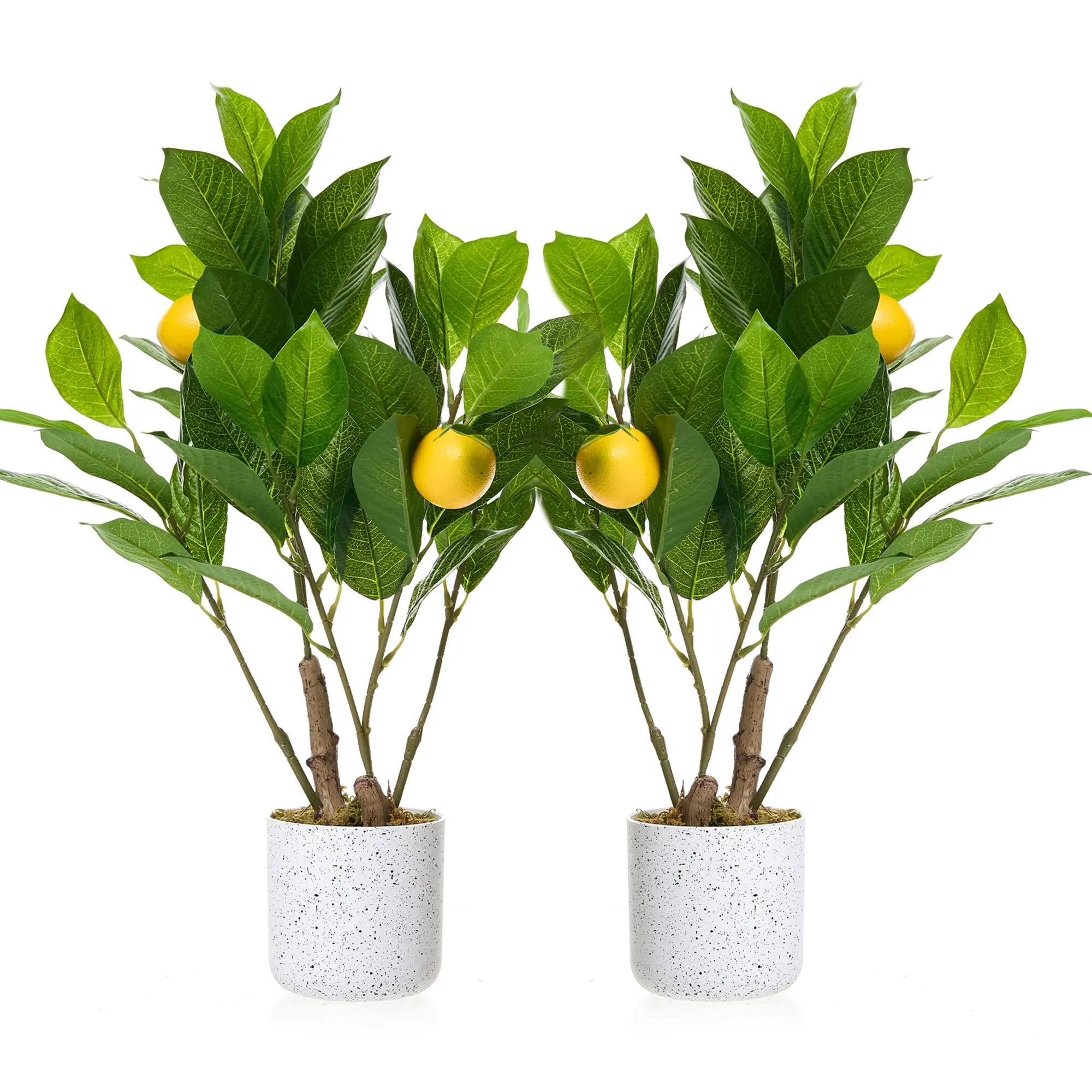 Garvee Pack of 2 Artificial Violin Leaf Fig Trees in White Marble Look Pots with Cement Moss Base, Ideal for Home and Office Decor, Durable and Elegant Artificial Plants