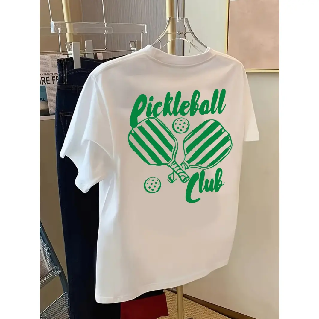 Women's Cotton Shortsleeve Crewneck Pickleball Graphic Tee - Green Paddle Print, Casual Sporty Top for Pickleball Practice & Everyday Wear