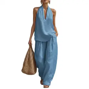 Boho Halter Neck Two Piece Set - Perfect for Beach & Vacation! Sleeveless Top Wide Leg Pants # TwoPieceSet # HalterNeck # WideLegPants # Sleeveless # SummerOutfit # BohoFashion # Outfit of the Day # WomensFashion # CasualWear