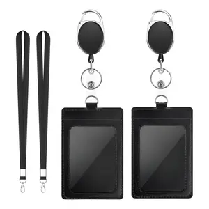 Badge Clip with Lanyard, Leather Adjustable Badge Clip, 2-Pack