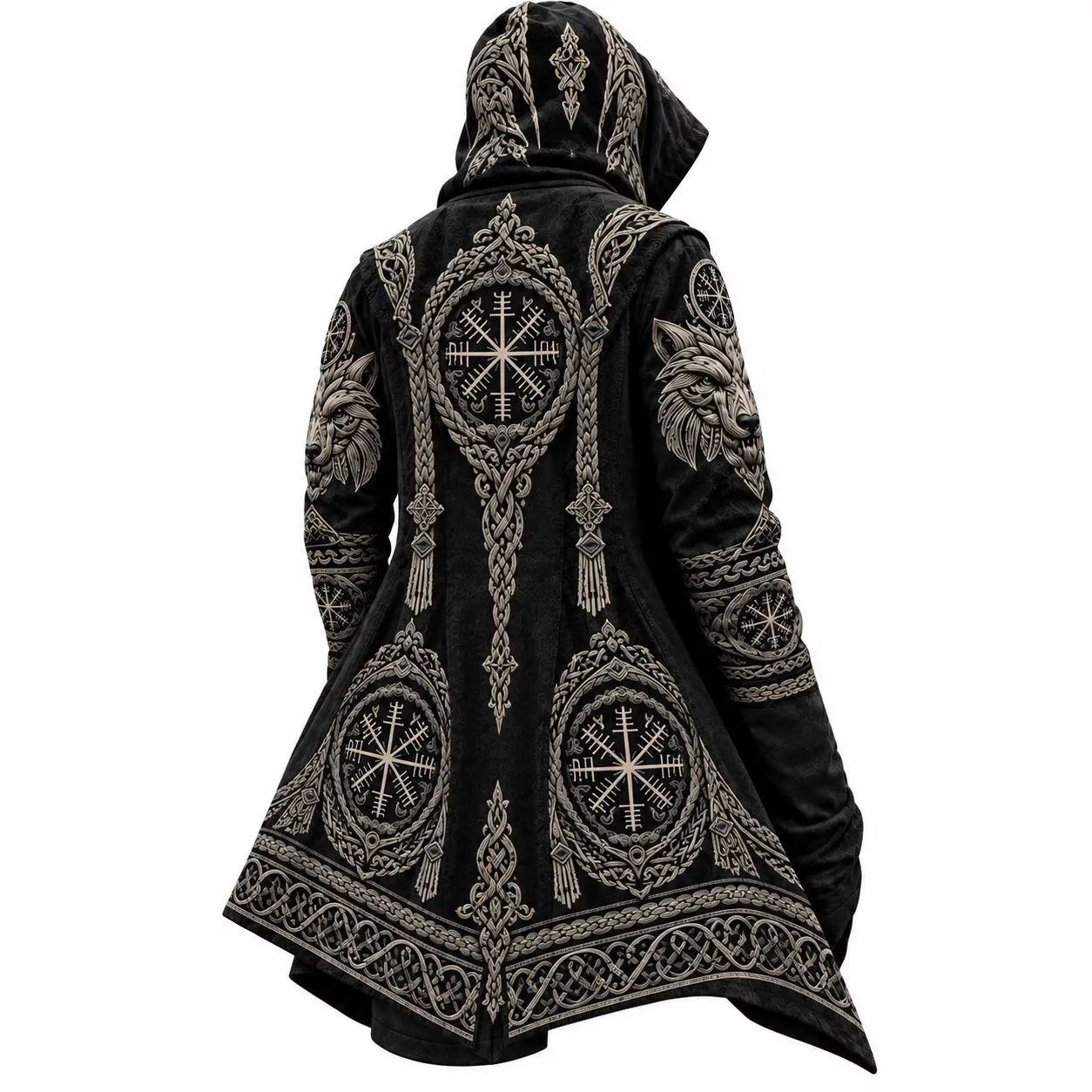 Men’s Norse Viking Hooded Trench Cloak, Wolf Dragon Wing Print Medieval Coat for LARP Halloween Cosplay