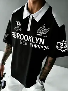 Brooklyn New York Racing Print Colorblock Half Button Polo Shirt, Y2K Vintage Streetwear Hip-Hop Casual Loose Fit Short Sleeve Top