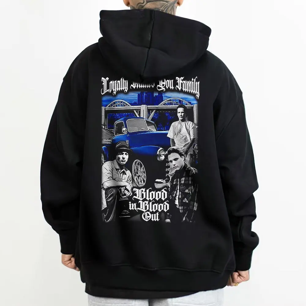 Blood In Blood Out Graphic Hoodie, Unisex Chicano Streetwear, Long Sleeve Cotton Blend Pullover with an Oversized Fit