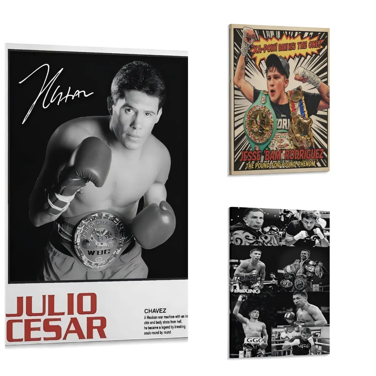 Boxing Legends Canvas Poster Prints - GGG, Chavez, Bam Rodriguez - Multiple Sizes Comic Sports Wall Art, Durable Printing, Home Decor Products, Indoor Decoration, Bold Boxing Art Grabs Eyes, Gym Man Cave Gift
