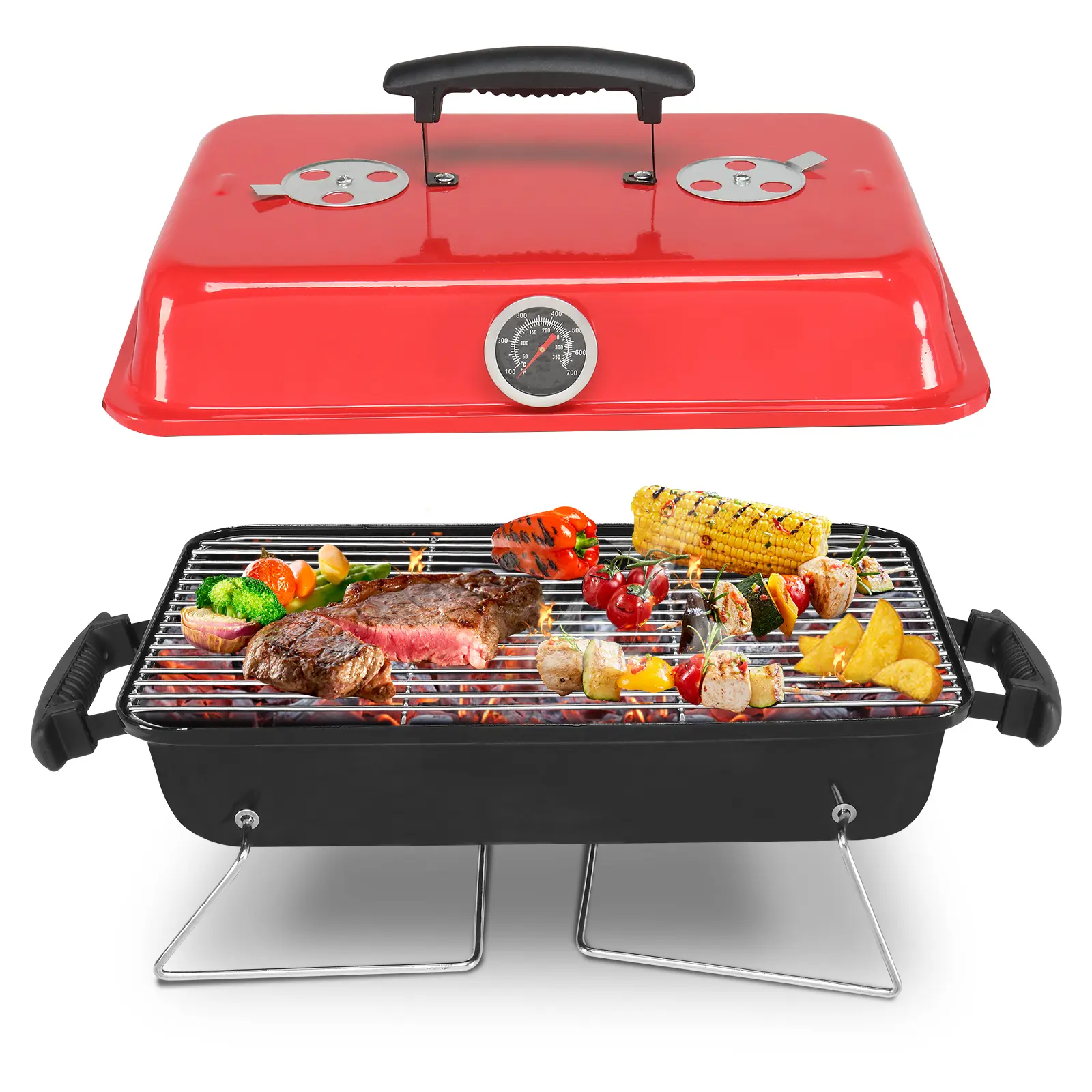 Karlhome 20'' Portable Enamel Iron Tabletop Barbecue Grill - Outdoor Barbeque with Thermometer, Handle, Compact Design, Airflow Temp Control, Stable Steel Legs, Easy-to-Clean for Camping, Parties