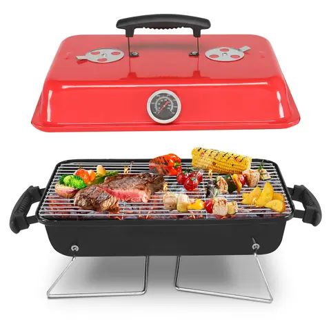 Karlhome 20in Enamel Iron Tabletop Portable Barbecue - Grilling Outdoor Cooking Tool with Thermometer, Handle, Compact Design, Airflow Temp Control, Stable Steel Legs, Easy-Clean Metal Grill Shell Charcoal Forge for Camping, Parties