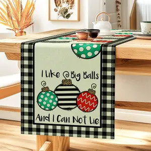 1pc,  Black And White Checkered Border And Hanging Balls Pattern Print Design Table Runner Polyester Fabric Kitchen Dining Table Cover Holiday Party Tablecloth Home Decoration