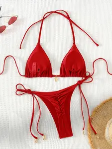 Red Halter Triangle Tie Side High Cut Bikini Set – Sexy Backless Ruched Tummy Control Swimwear for Summer Beach