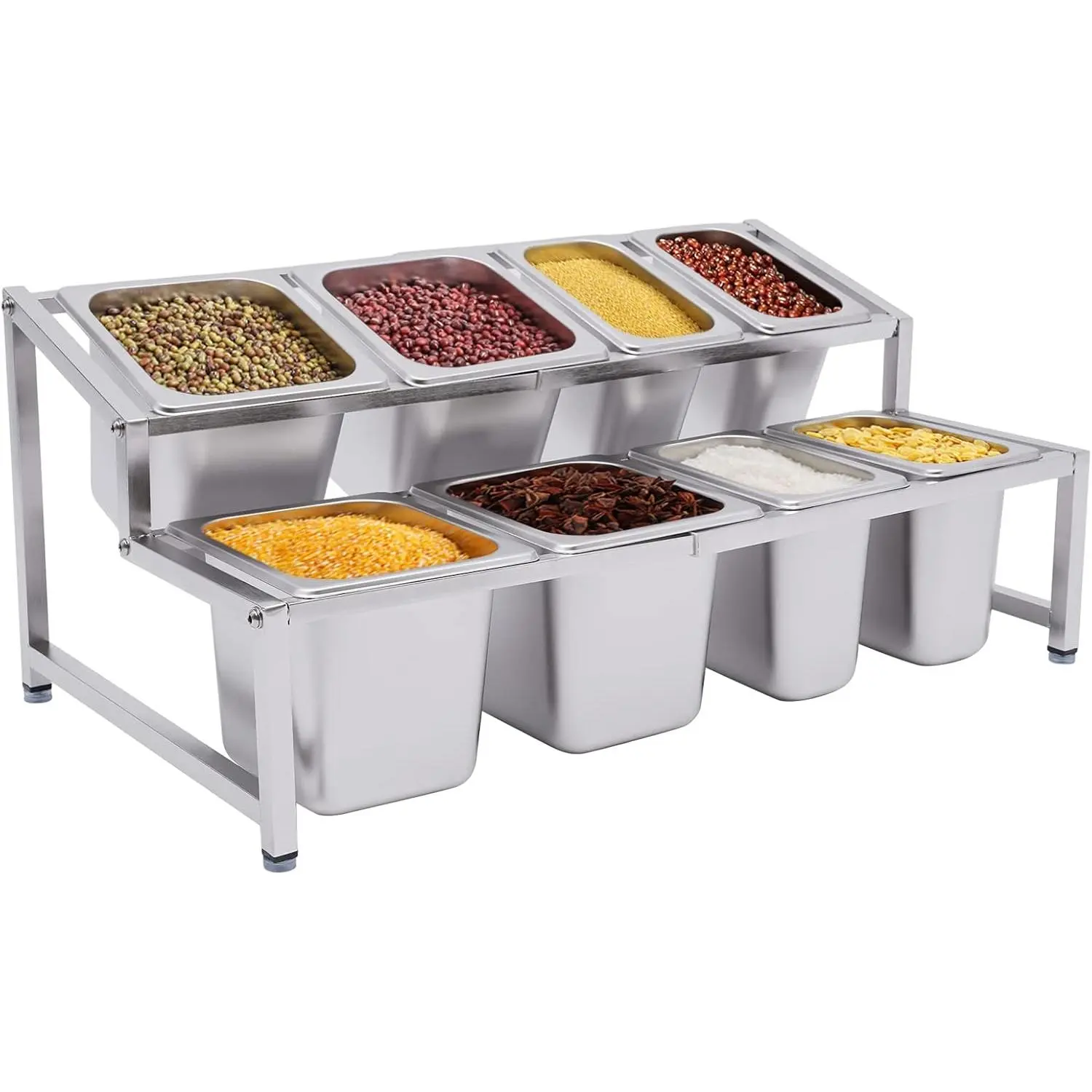 Adjustable Standing Countertop Spice Shelf - Expandable Durable Stainless Steel Organizer with 4 1/9 Pans, 4 1/6 Pan, 8 Ladles & Condiment Containers for Home, Restaurant Kitchen