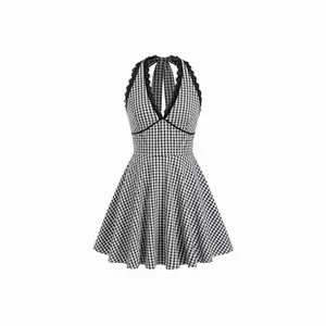 Cider Halter Neckline Checks Lace Trim Tie Back Mini Dress SwimWeek