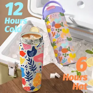 PIKPAKA Colorful Organic Pattern Vacuum Flasks 700ml Ceramic Lined Tumbler with Tea Infuser & Hidden Straw, Vacuum Insulated Travel Mug, Long Cold Retention Coffee Water Bottle with Handle & Non-Slip Base