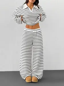Women's Striped Texture Polo Neck Fitted Casual Set, Comfortable Daily Wear Two-Piece, Perfect for All Seasons & Commute