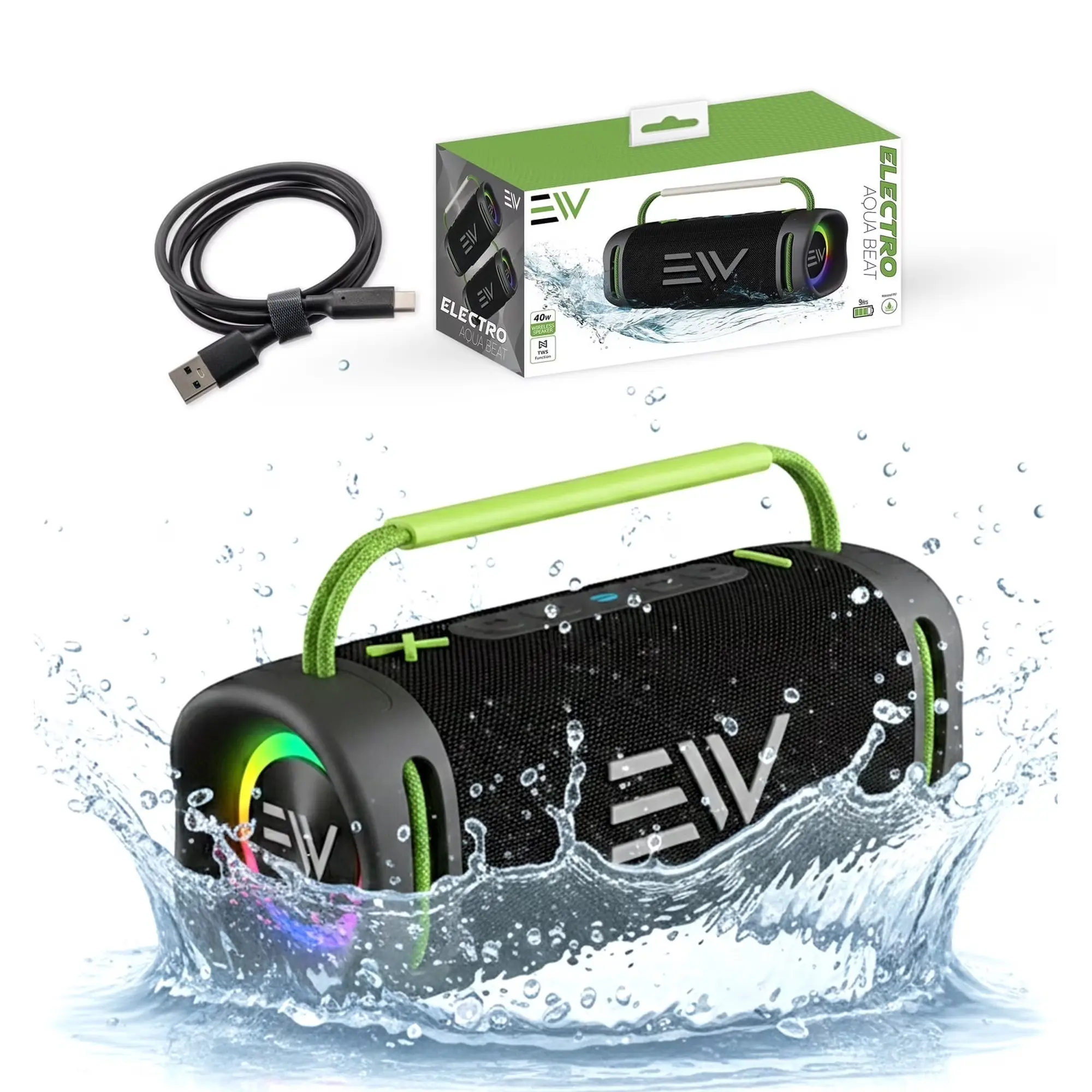Electro Aqua Beat 40W Waterproof Bluetooth Speaker, Portable Wireless Speaker with Deep Bass, RGB Lights, IPX7 Water Resistance, Rechargeable Outdoor Speaker for Parties, Travel, Beach, Pool & Camping — Black