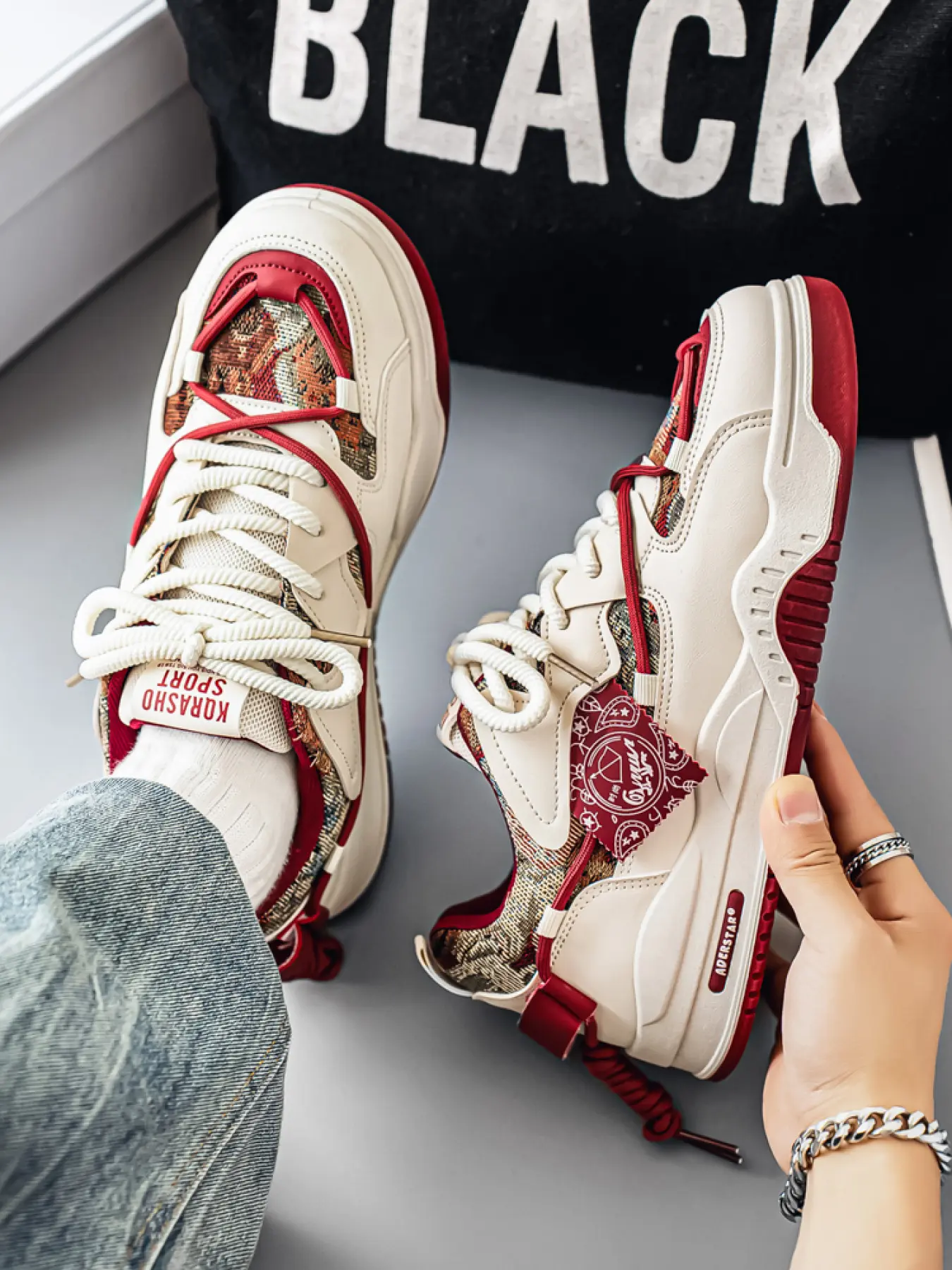 Men's Vintage Jacquard Panel Color Block Sneakers, Thick Soled Sneakers, Comfortable Thick Sole Casual Shoes, Breathable Upper for Daily Wear & Street Style