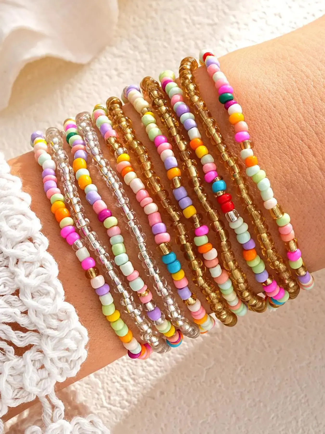 11pcs Boho Colorful Seed Bead Bracelet Stack, Trendy Layered Stretch Friendship Bracelets, Beaded Bracelets, Y2K Rainbow Bangles, Handmade Preppy Set, Matching Two Piece Set, Women Lounge Wear Suit