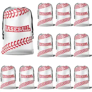 12 Pack Baseball Goodie Bags, 8" x 12" Baseball Drawstring Gift Bags, Reusable Baseball Party Favor Bags Snack Treat Bag Waterproof Plastic Packaging Storage for Birthday Sports Themed Party Supplies